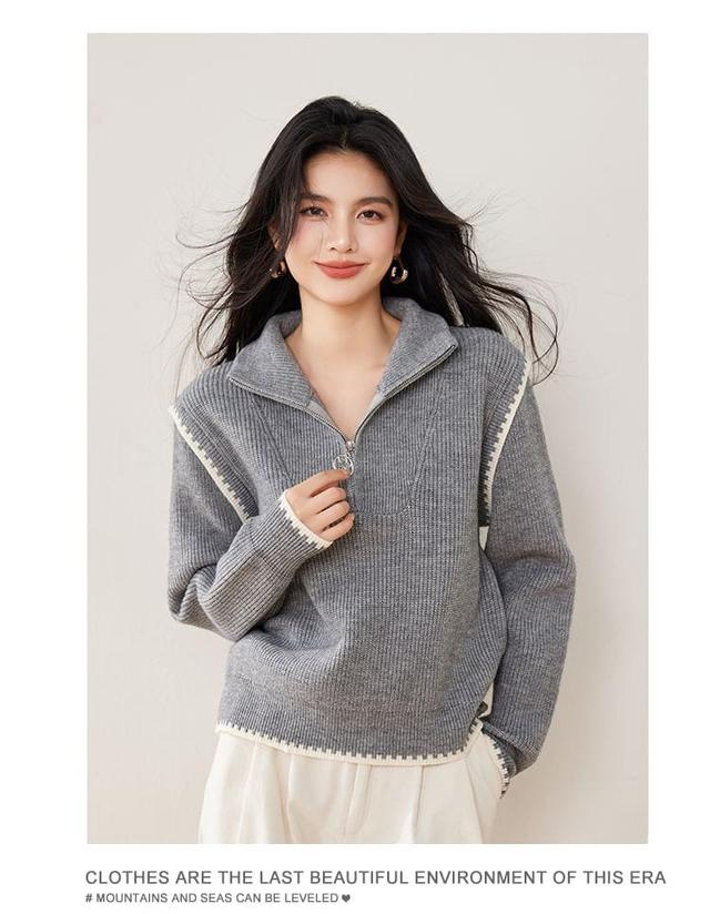 Collar Melange Contrast Trim Half-Zip Ribbed Sweater Product Image