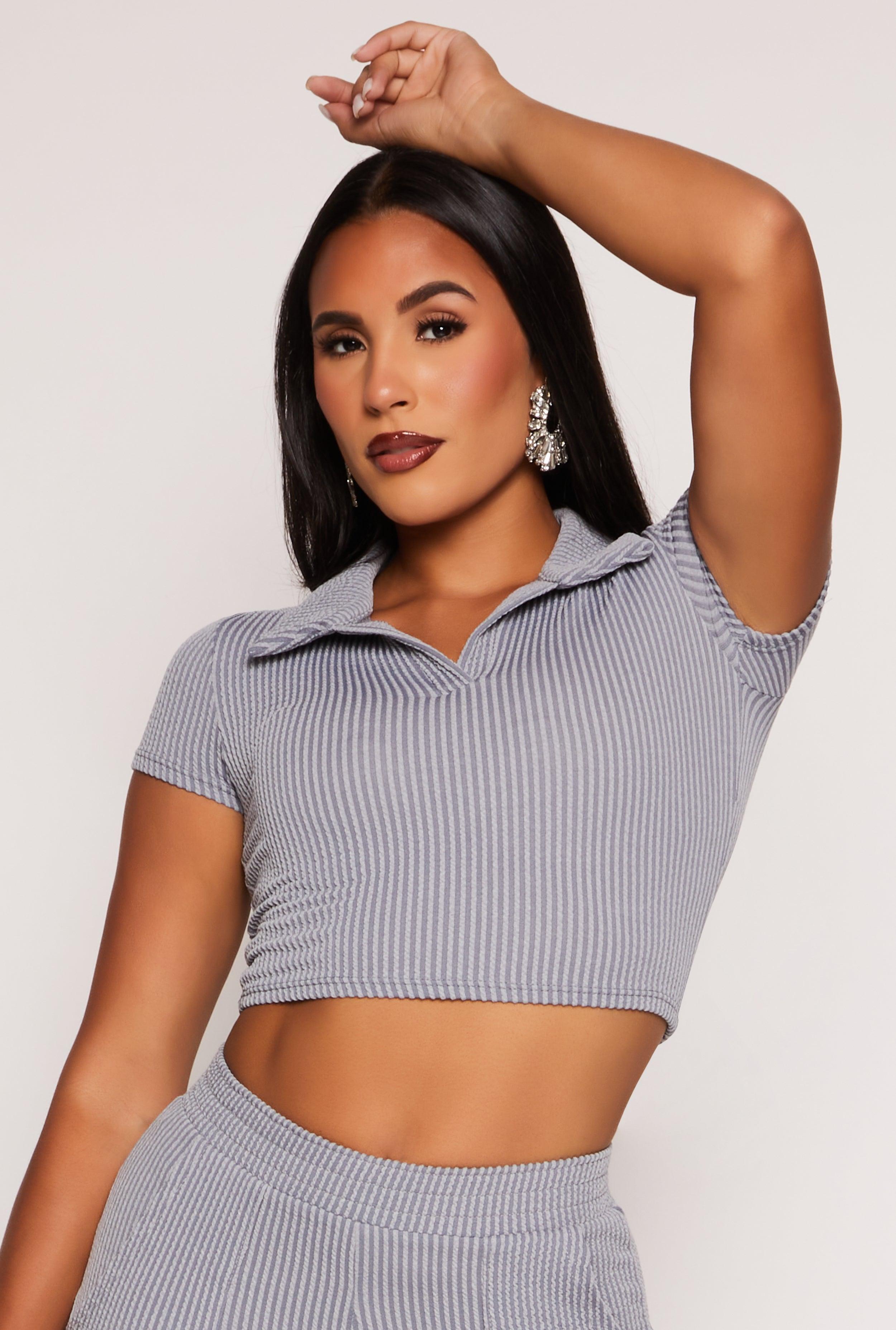 Womens Rib Knit Collared Crop Top Product Image