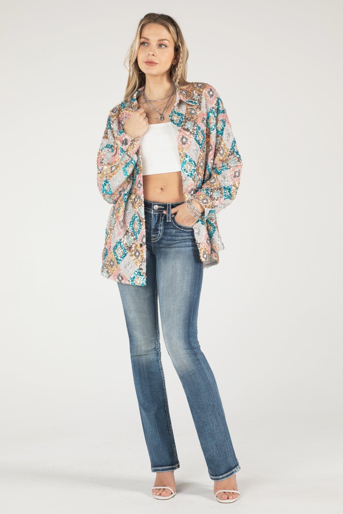 Long Sequined Button Up Top Product Image