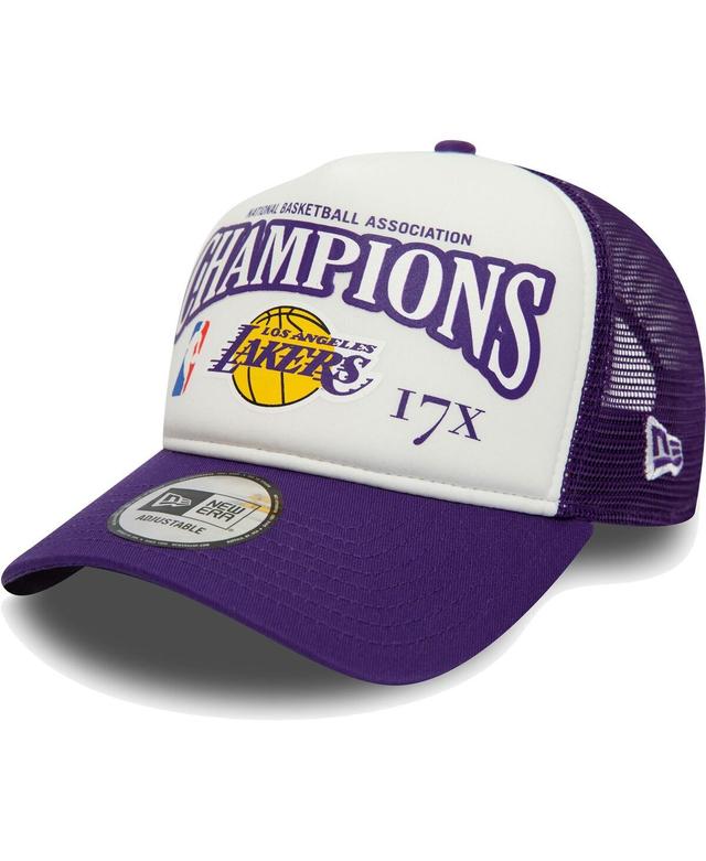 Mens New Era White Los Angeles Lakers 17x League Champs Commemorative 9FORTY Trucker Snapback Hat Product Image