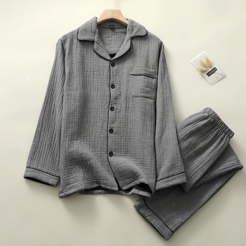 Couple Matching Pajama Set: Long-Sleeve Lapel Collar Houndstooth Button-Up Top + Pants (Various Designs) Product Image