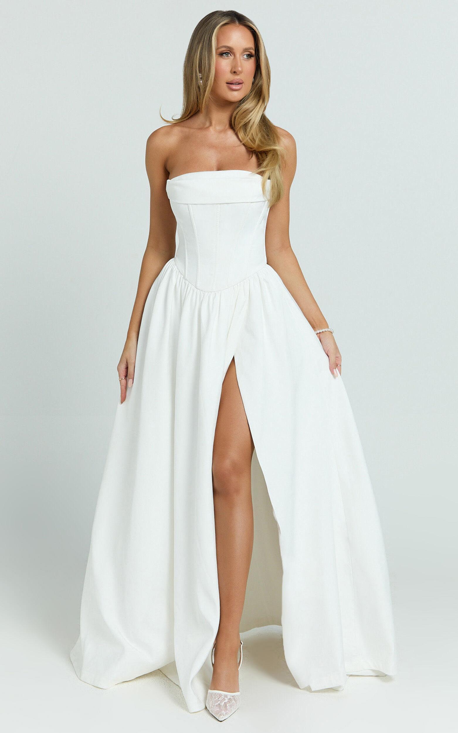 Jeannie Maxi Dress - Corset Panel High Split Dress in Off White Product Image