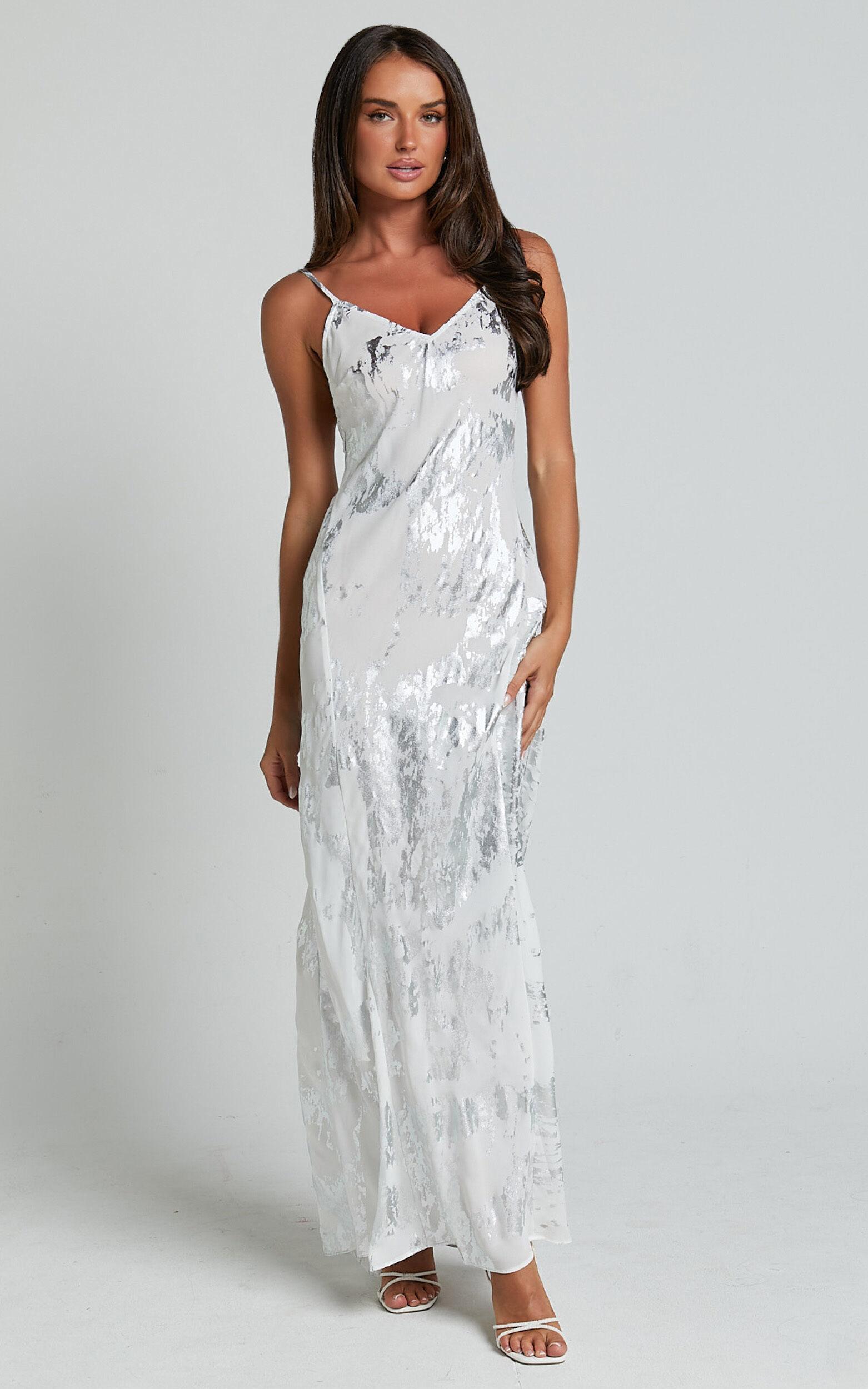 Robynne Maxi Dress - Strappy V Neck Slip Dress in White and Silver Product Image