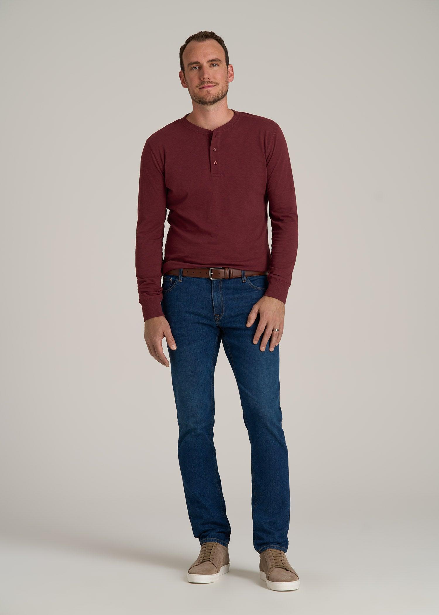 Men's Tall Three Button Long Sleeve Slub Henley in Red Ochre Male Product Image