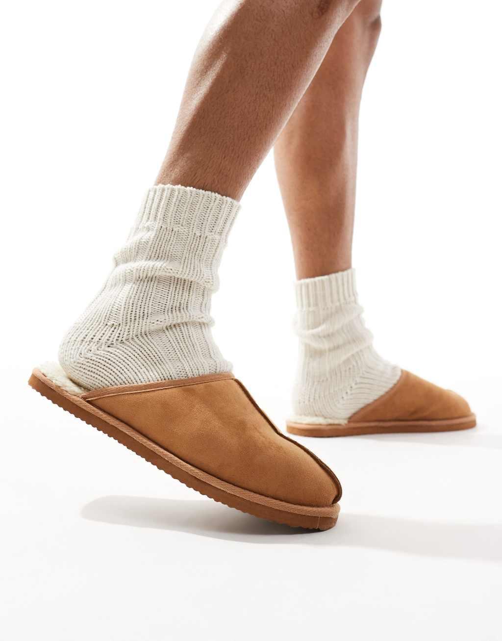 Jack & Jones faux suede slip-on slippers in tan Product Image