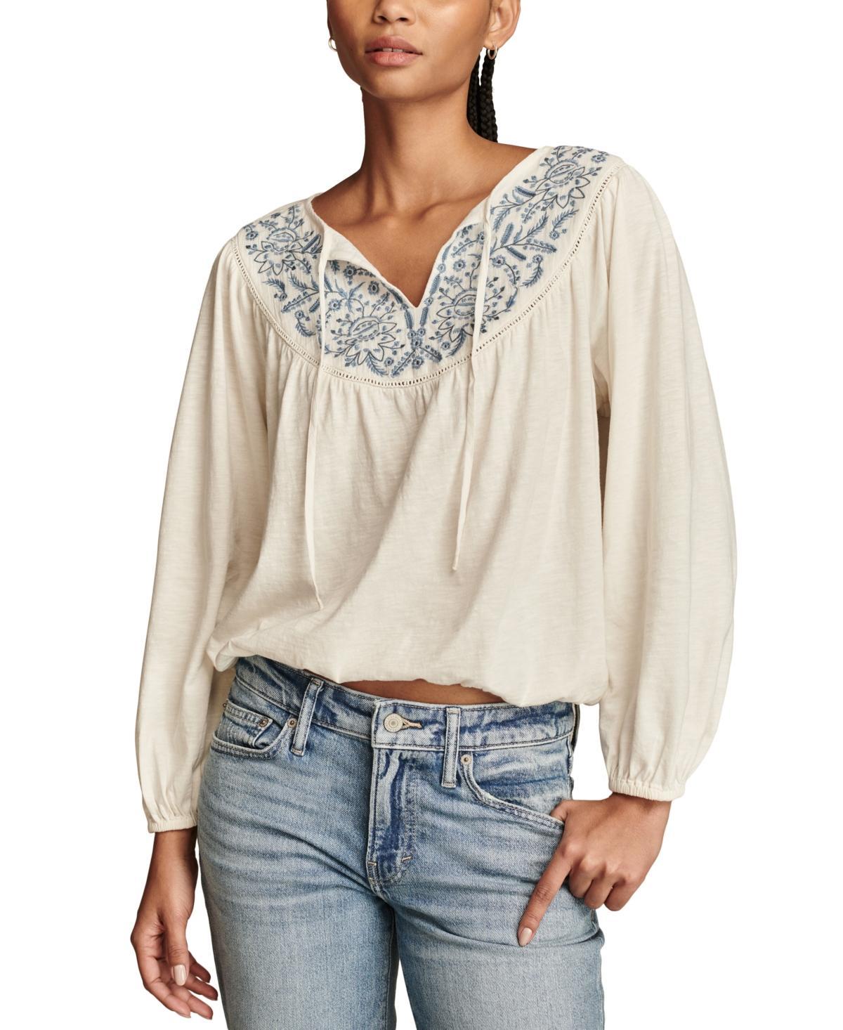 Lucky Brand Womens Cotton Embroidered Peasant Top Product Image