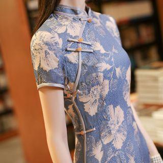 Short-Sleeve Floral Print Midi Sheath Qipao Product Image