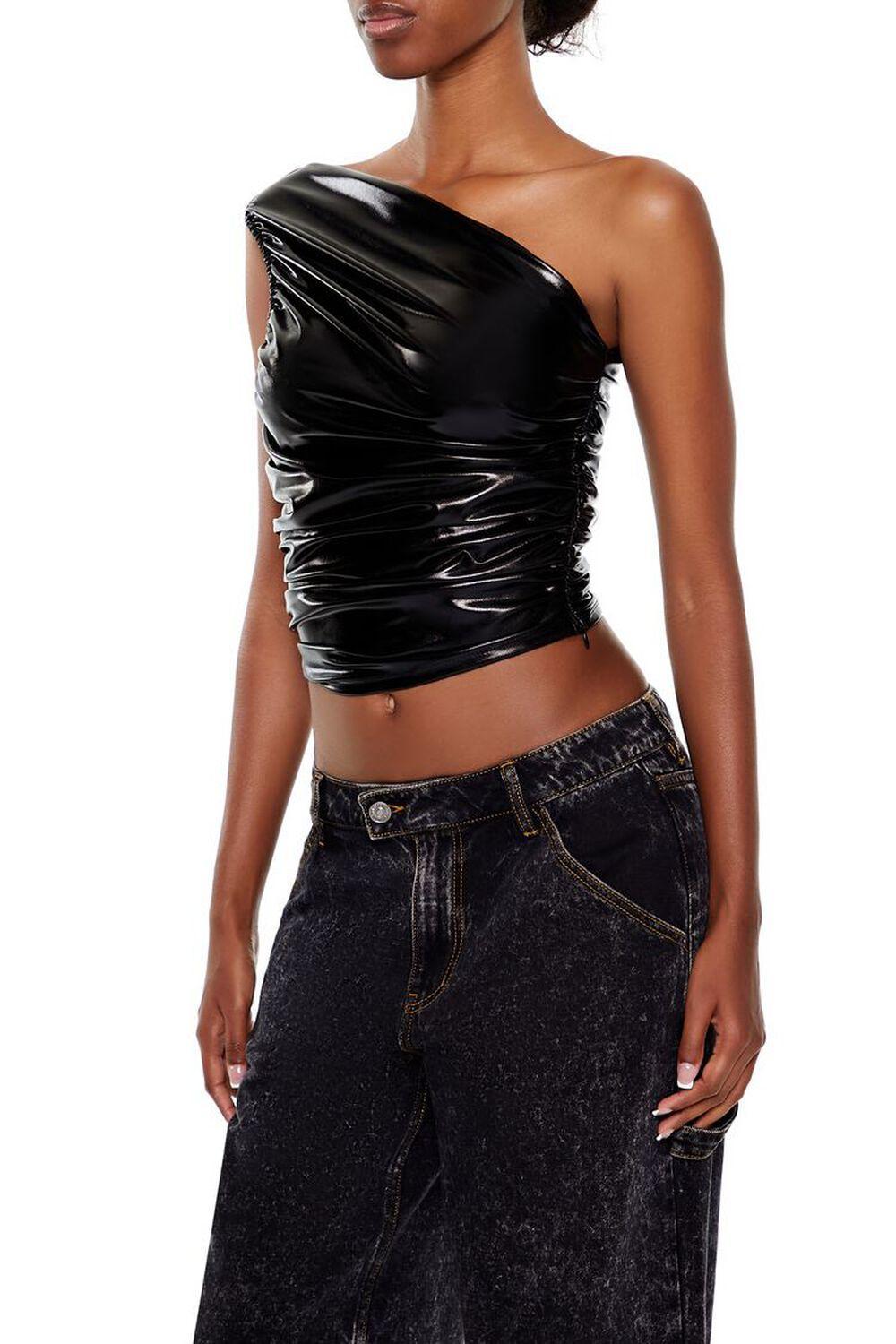 Faux Leather One-Shoulder Crop Top | Forever 21 Product Image