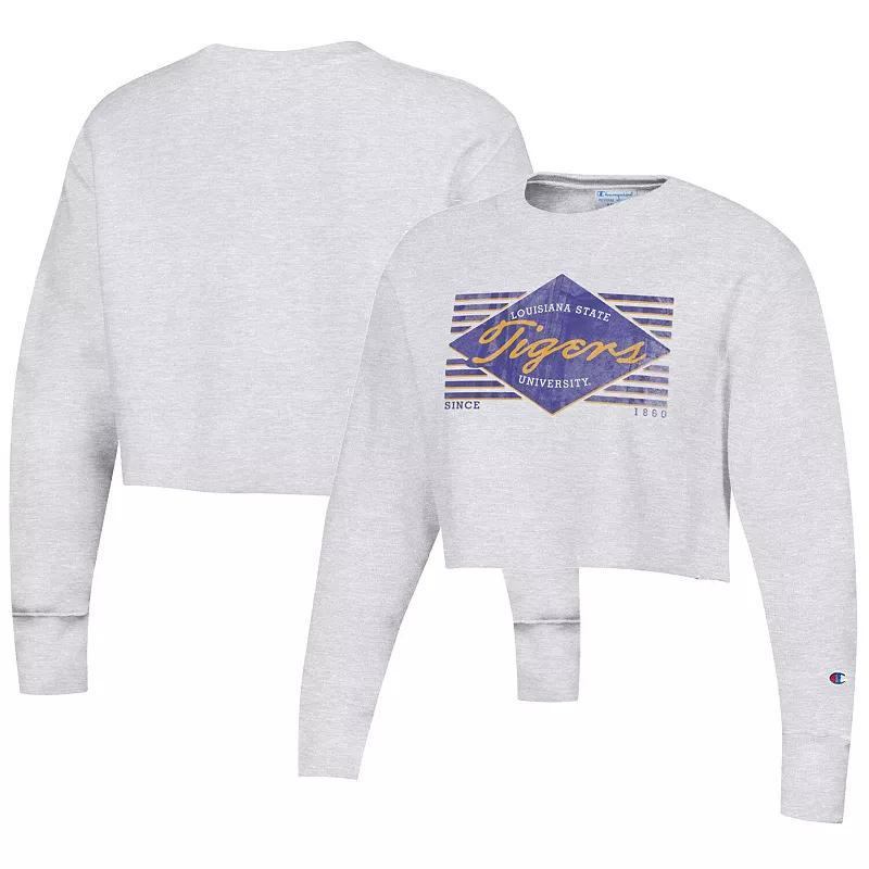 Womens Champion Heather Gray LSU Tigers Reverse WeaveCropped Pullover Sweatshirt Product Image