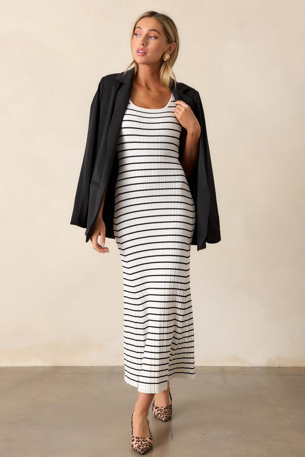 Classic Rhythm White Stripe Ribbed Midi Dress Product Image