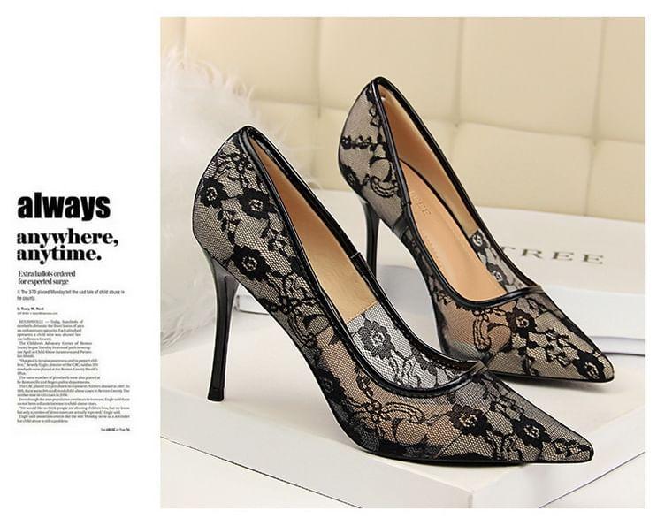 Stiletto Pointed Toe Lace Pumps Product Image