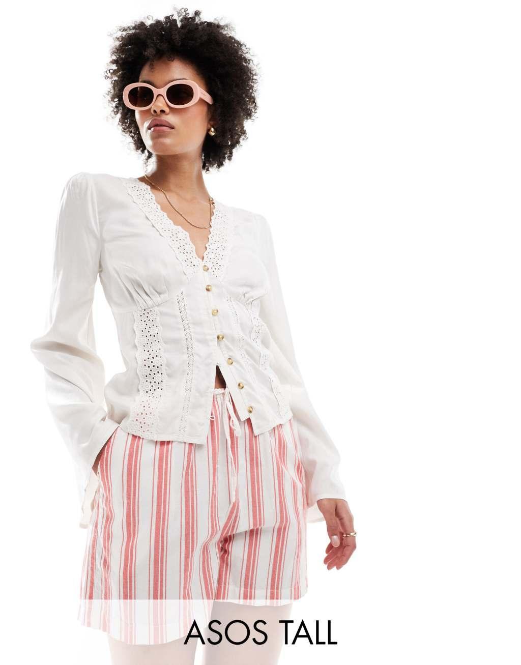 ASOS DESIGN Tall lace insert button down top in white product image