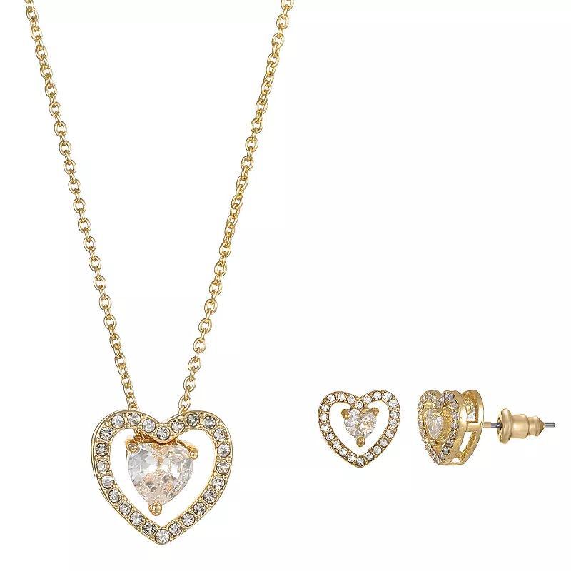 Gold Tone Cubic Zirconia Heart Halo Necklace & Stud Earrings Set, Womens, Size: 18+3, Gold Tone Clear Product Image