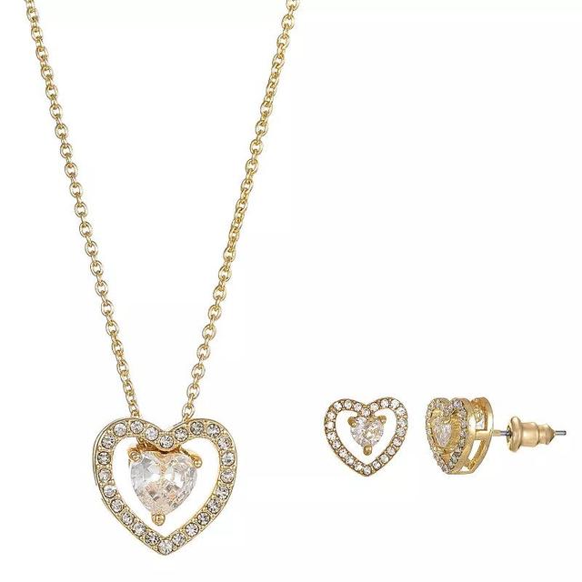 Gold Tone Cubic Zirconia Heart Halo Necklace & Stud Earrings Set, Womens, Size: 18+3, Gold Tone Clear Product Image