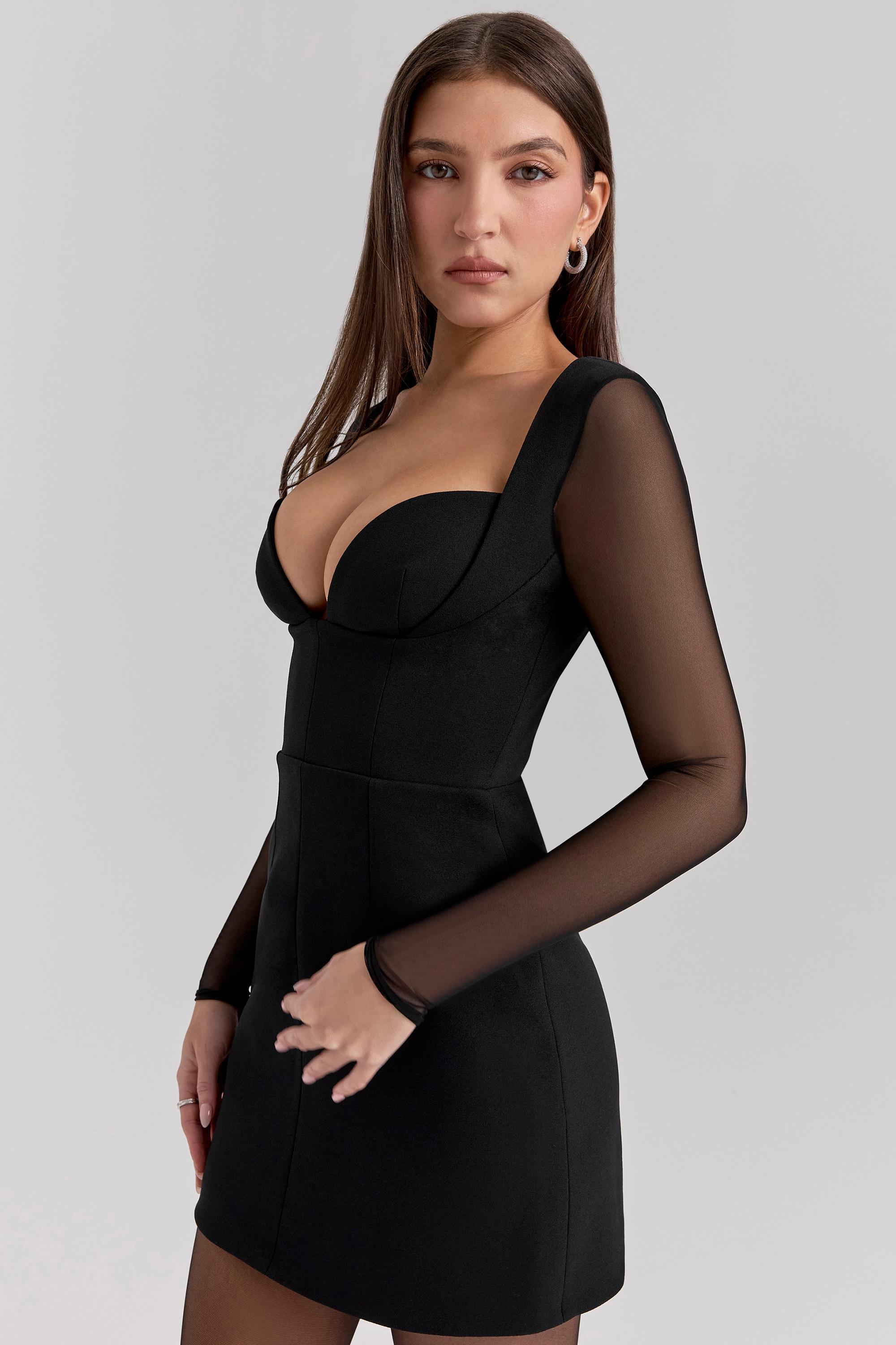 Angelie Black Stretch Crepe Plunge Mini Dress Product Image