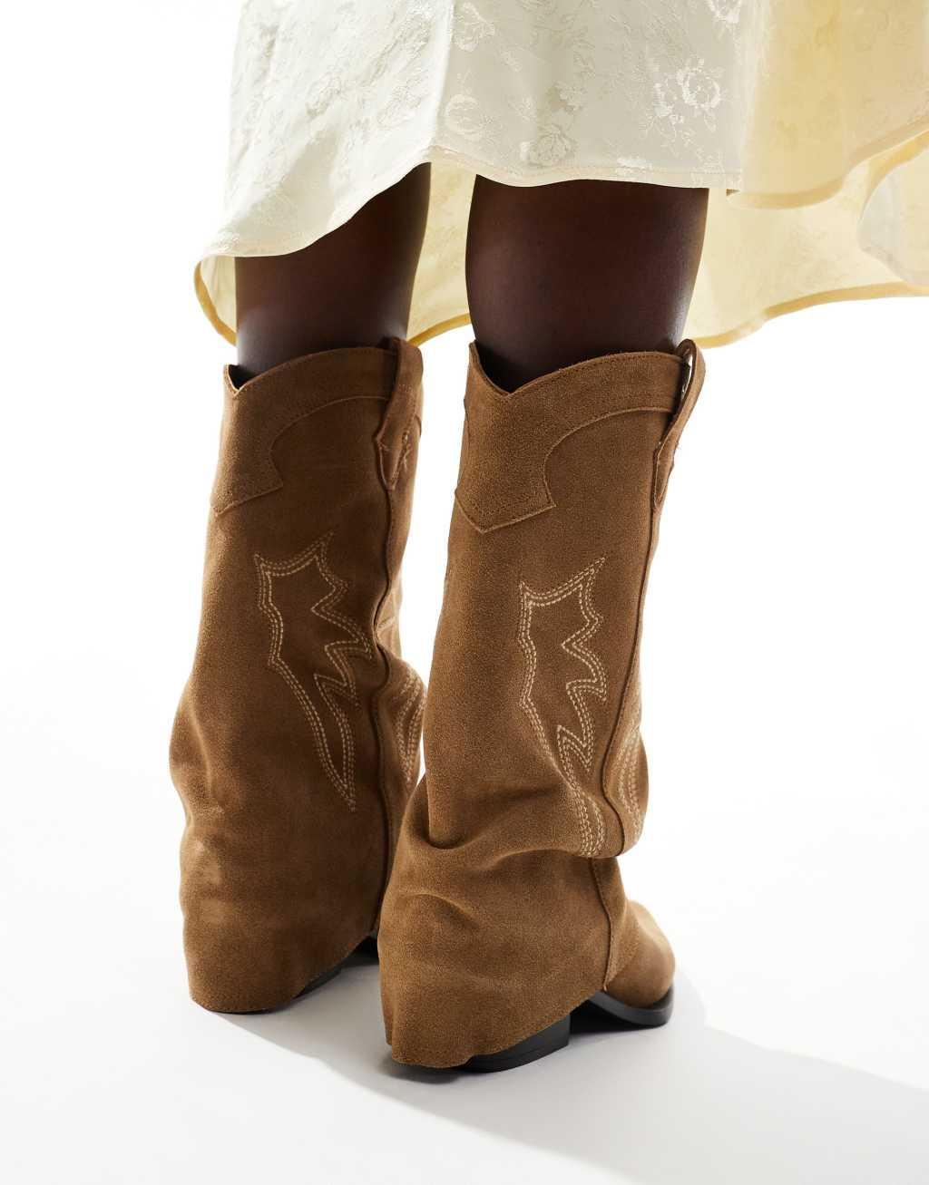 Stradivarius real suede heeled fold over western boot in beige Product Image