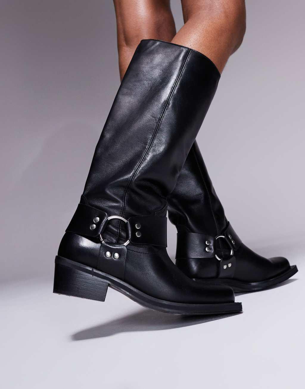 ASOS DESIGN Colorado premium leather biker knee boots in black Product Image