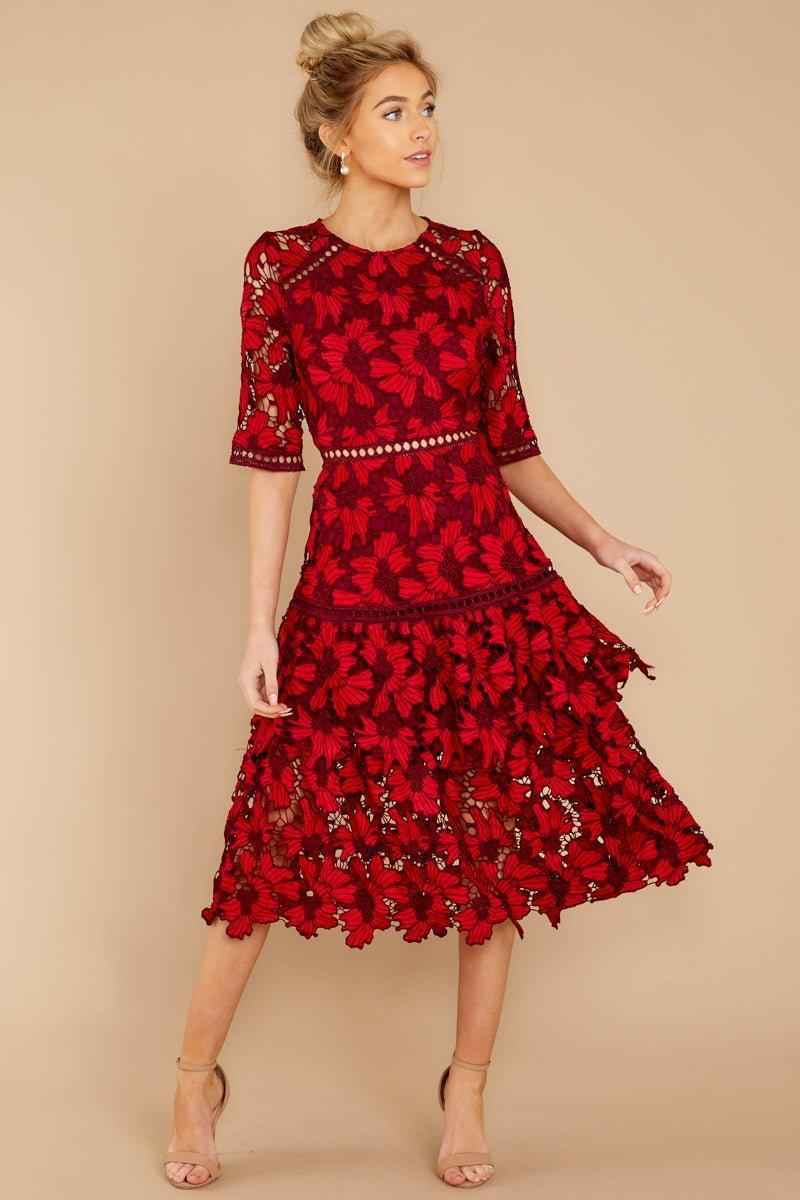 Get To The Point Red Lace Midi Dress Product Image