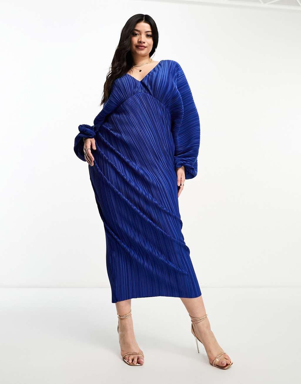 ASOS DESIGN Curve deep plunge blouson sleeve plisse midi dress Product Image