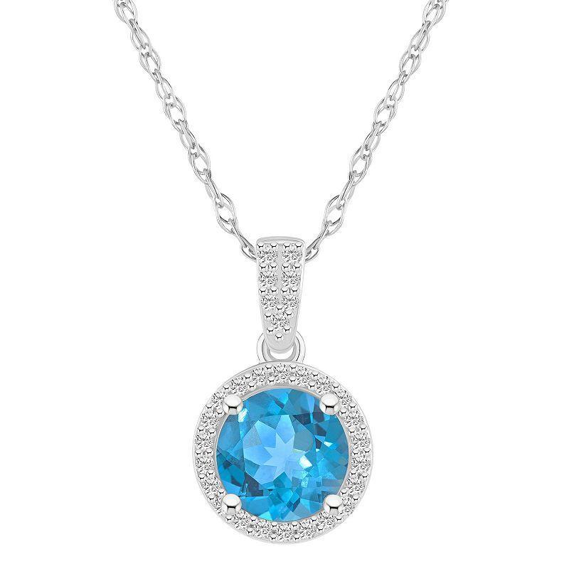 Celebration Gems 10k White Gold Round Gemstone & Lab-Created White Sapphire Halo Pendant Necklace, Womens Blue Product Image