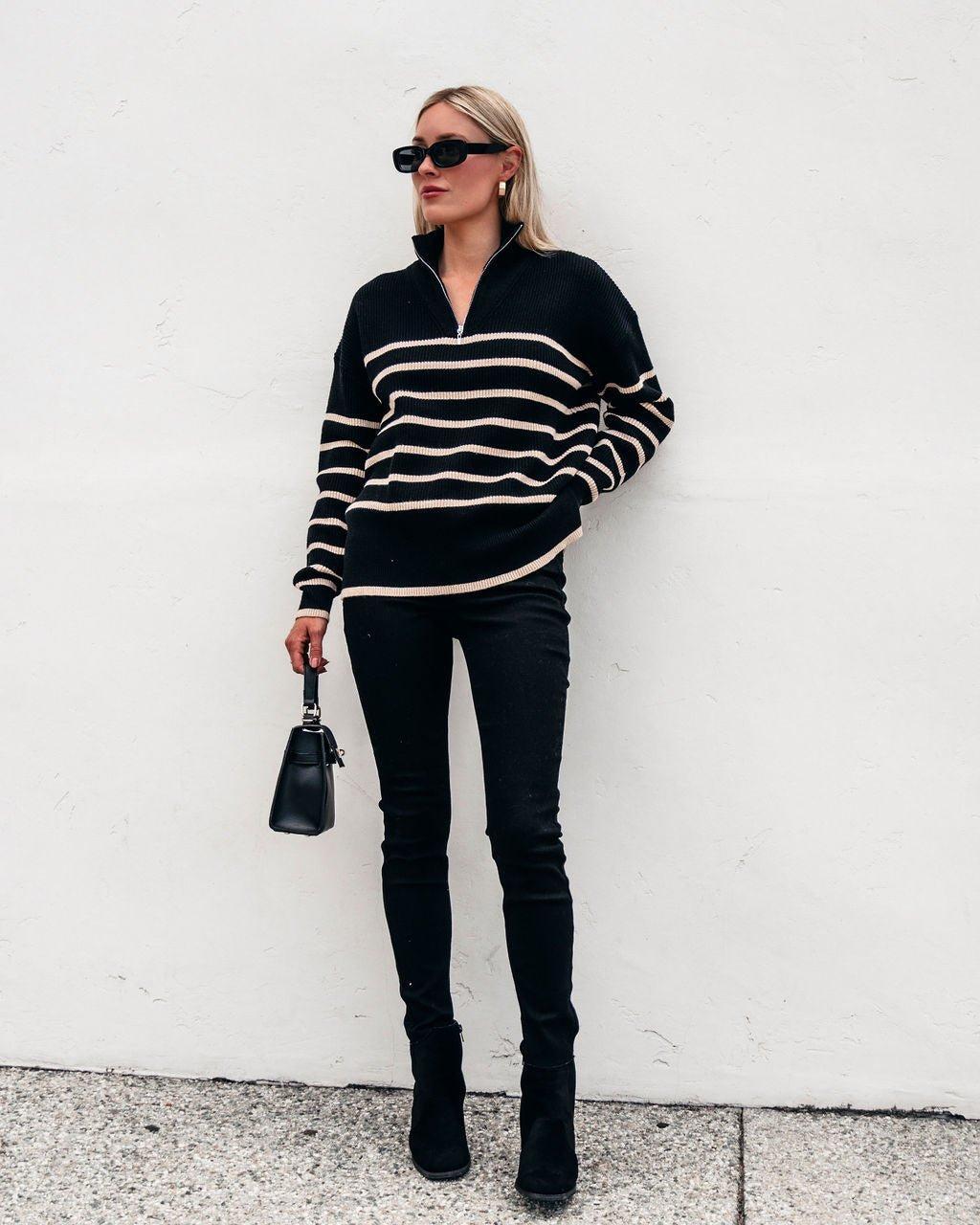 Black and Taupe Striped Zip Up Sweater product image