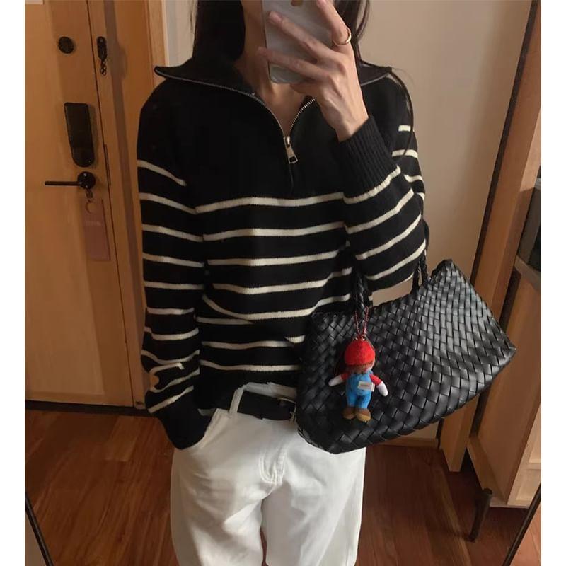 High Neck Half Zip Striped Sweater Product Image