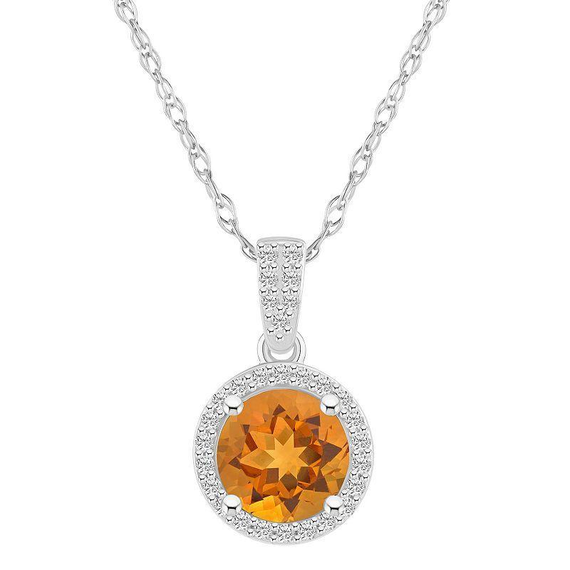 Celebration Gems 10k White Gold Round Gemstone & Lab-Created White Sapphire Halo Pendant Necklace, Womens Orange Product Image