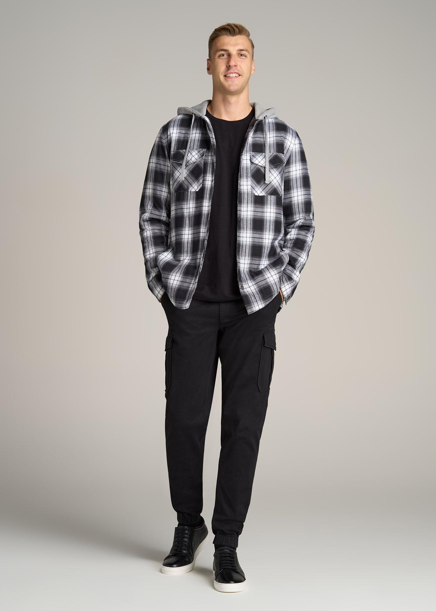 Hooded Flannel Shirt Jacket for Tall Men in Black & White Plaid Male Product Image