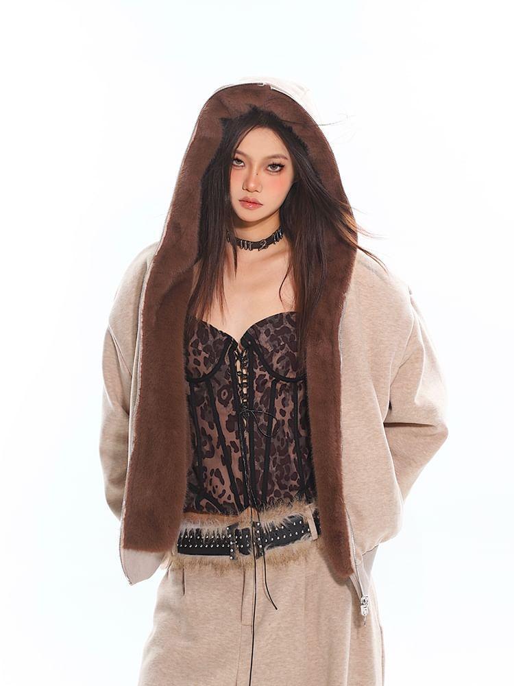 Reversible Fluffy Zip Hoodie / Mid Waist Plain Wide Leg Sweatpants Product Image