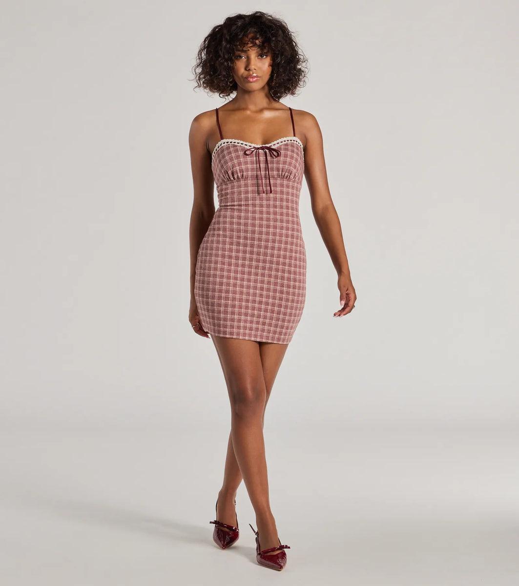 Flirty Silhouette Lace Trim Plaid Mini Dress product image