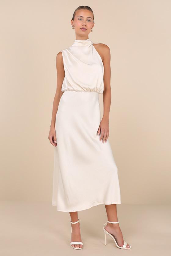 Greta Champagne Crinkle Satin Mock Neck Sleeveless Midi Dress Product Image