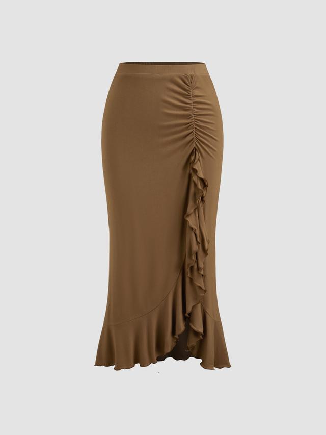 Mid Rise Solid Split Ruffle Hem Midi Skirt Product Image