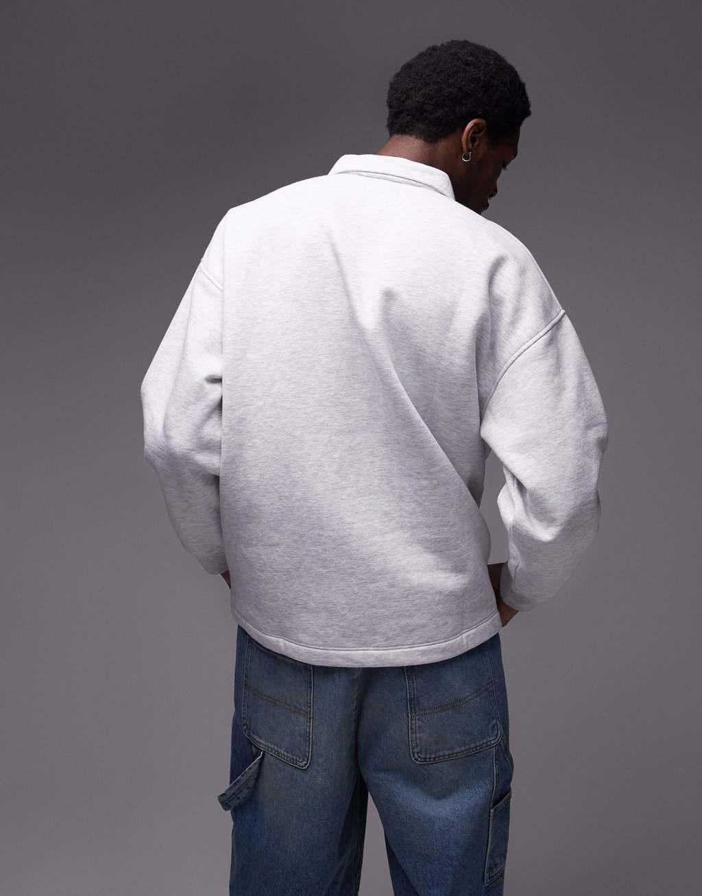 Topman oversized fit sweatshirt polo in ice gray heather Product Image