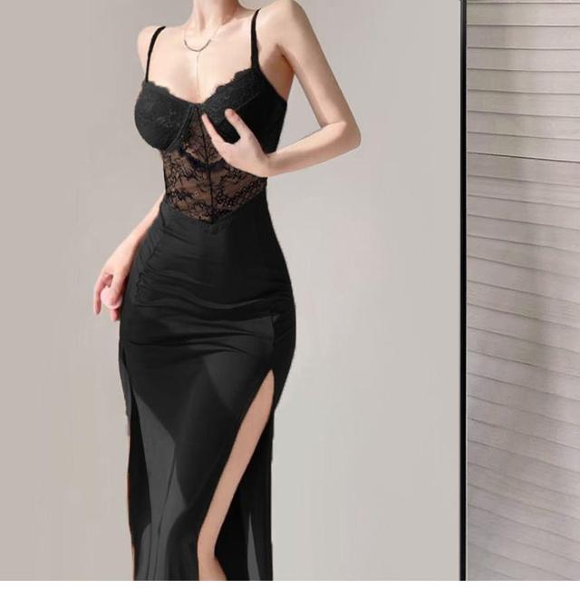 Spaghetti Strap V-Neck Lace Slit Midi Sheath Dress Product Image