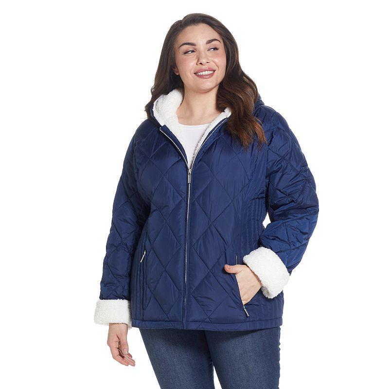 Plus Size Weathercast Sherpa-Trim Quilted Puffer Jacket, Womens Blue Product Image