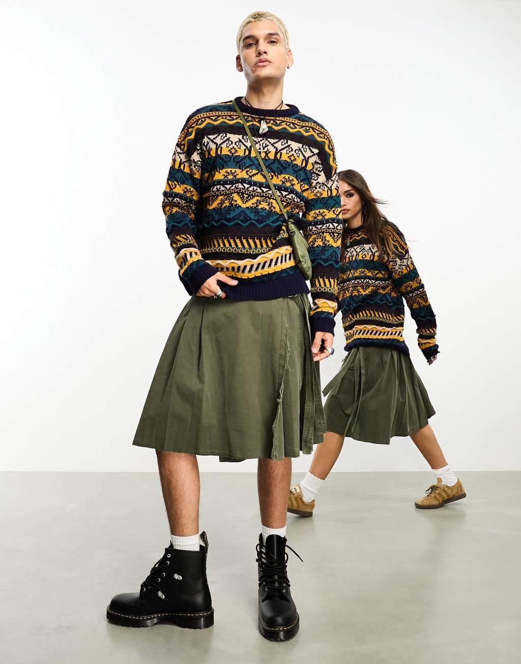 Reclaimed Vintage genderless grunge midi kilt in khaki  Product Image