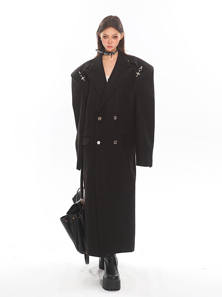 Peak Lapel Plain Buckled Midi Double Breasted Coat Product Image