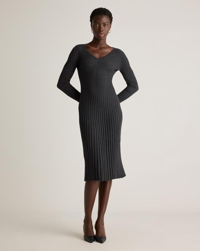 Cotton Cashmere Ribbed Long Sleeve V-Neck Midi Dress Product Image