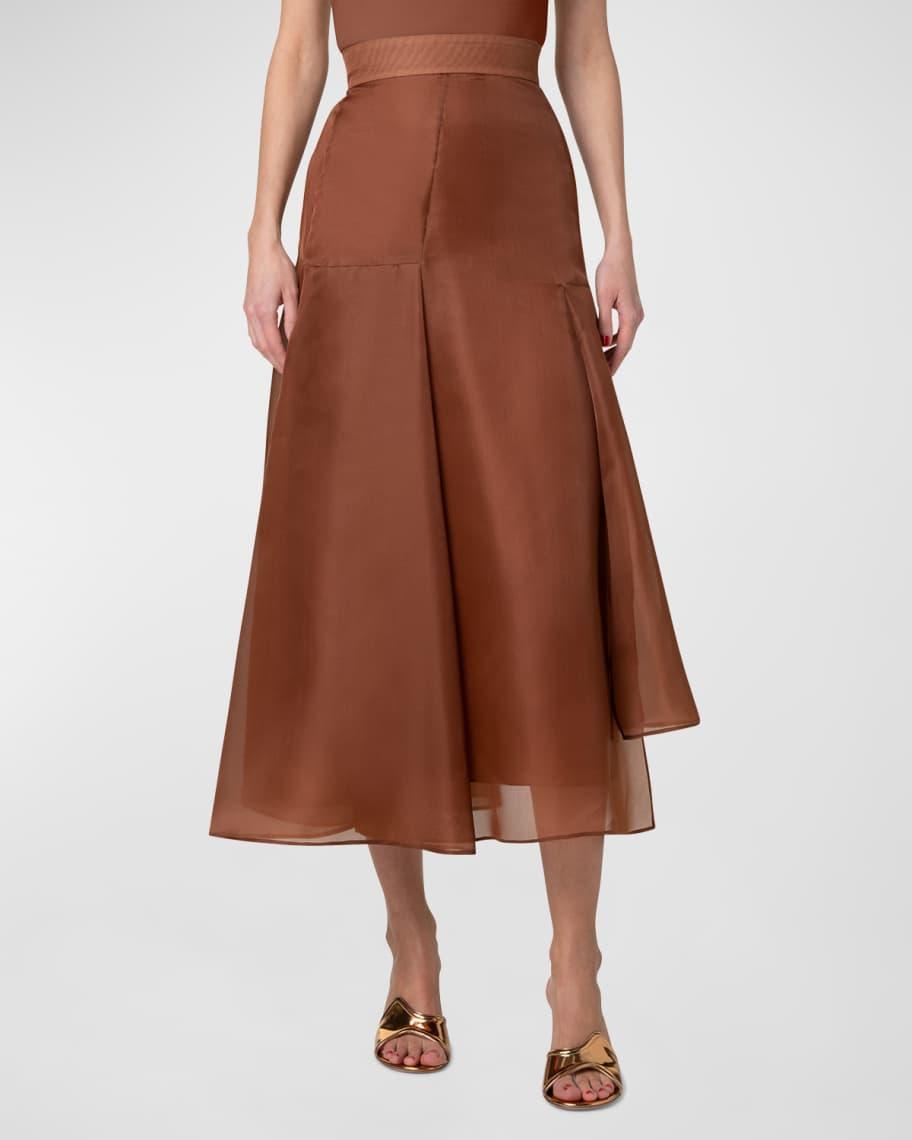 Asymmetric Pleated Silk Organza Flared Midi Skirt Product Image