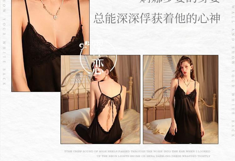 Spaghetti Strap V-Neck Plain Panel Lace Nightdress Product Image