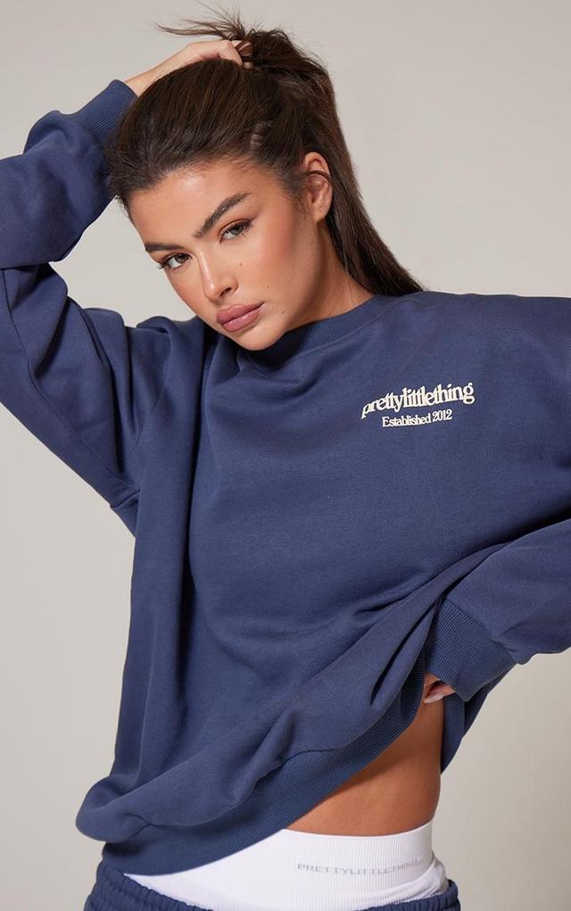 PRETTYLITTLETHING Navy Premium Print Oversized Sweatshirt Product Image