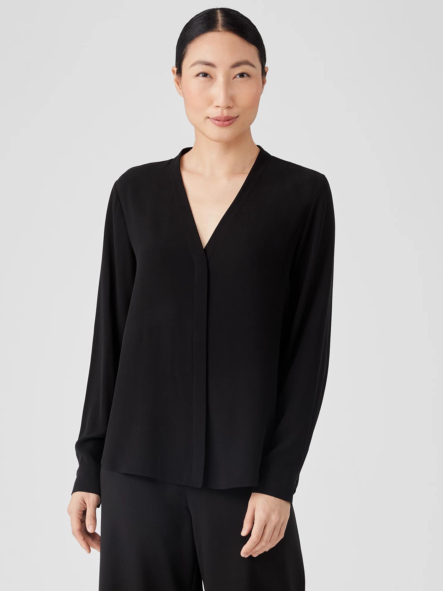 EILEEN FISHER Silk Georgette Crepe V-Neck Shirtfemale Product Image