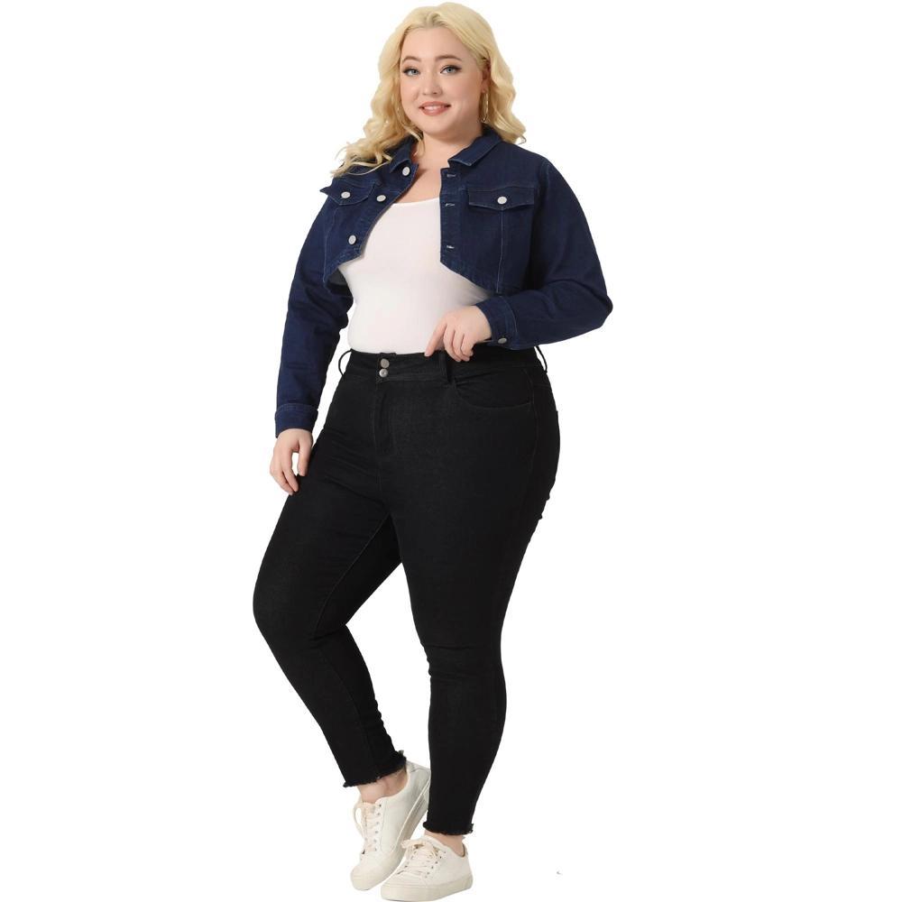 Agnes Orinda Women's Plus Size Classic Denim Long Sleeve Washed Jean Cropped Jacket Black Blue 3X Product Image