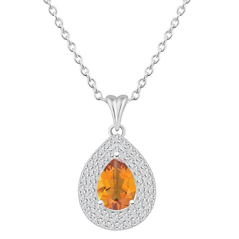 Celebration Gems Sterling Silver Teardrop Citrine & White Topaz Double Halo Pendant Necklace, Womens Orange Product Image