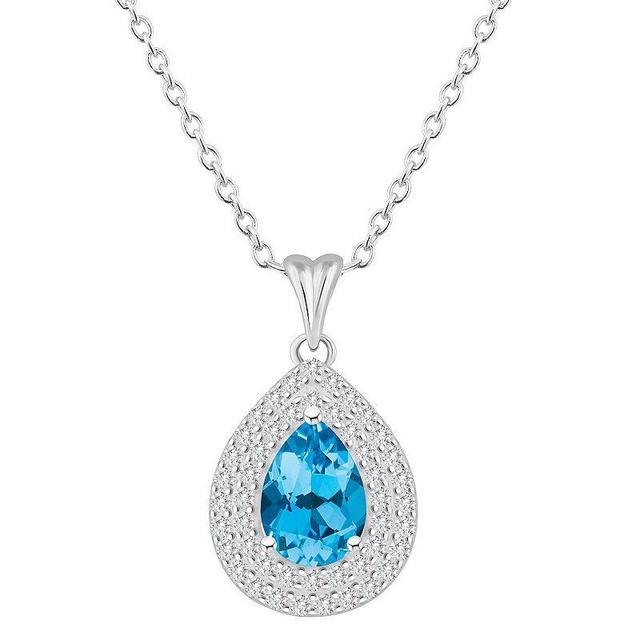 Celebration Gems Sterling Silver Teardrop Swiss Blue Topaz & White Topaz Double Halo Pendant Necklace, Womens Product Image