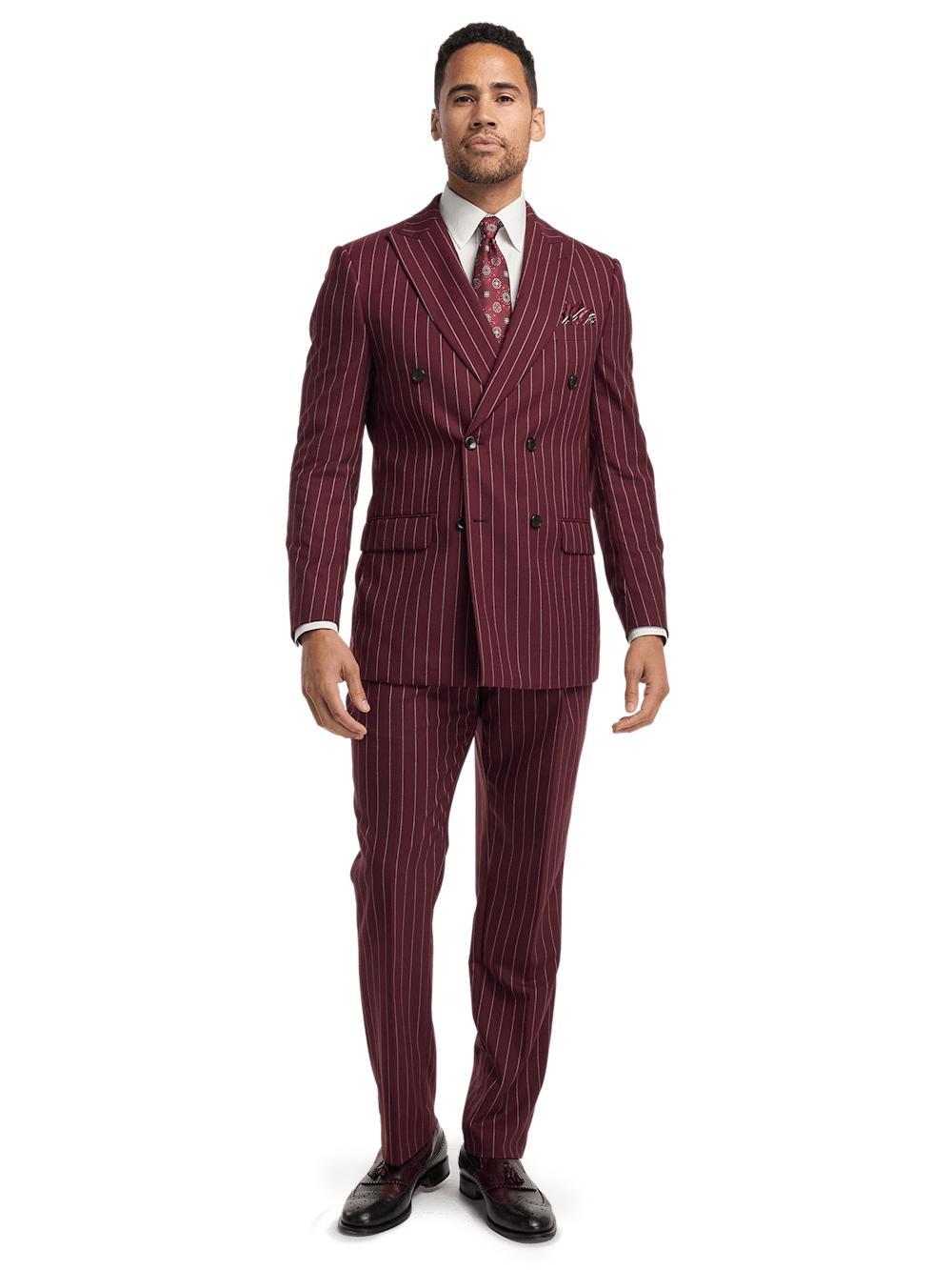 Wool Stretch Stripe Double Breasted Peak Lapel Suit - Burgundy Product Image