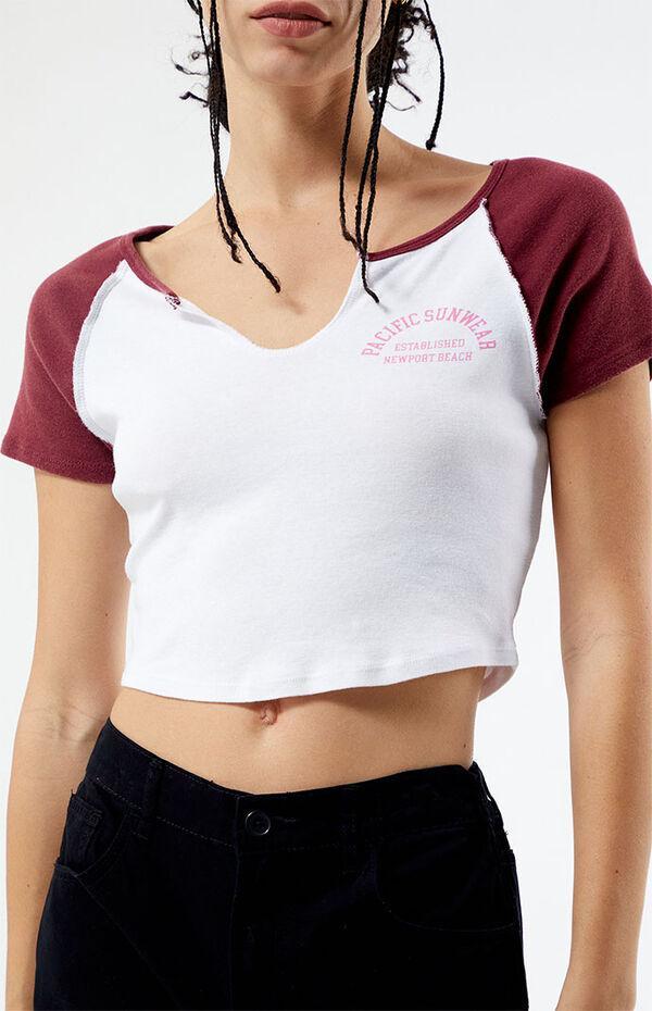 Women's Pacific Sunwear Newport Arch Notched Raglan T-Shirt in White/Burgandy - Product Image