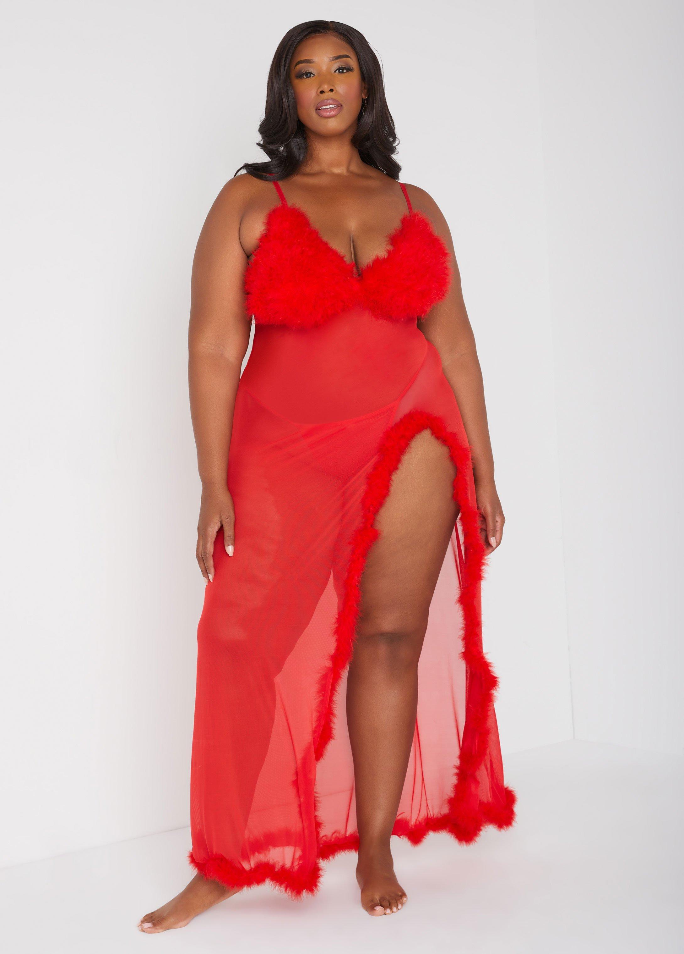 Feather Trimmed Mesh Gown Set Product Image