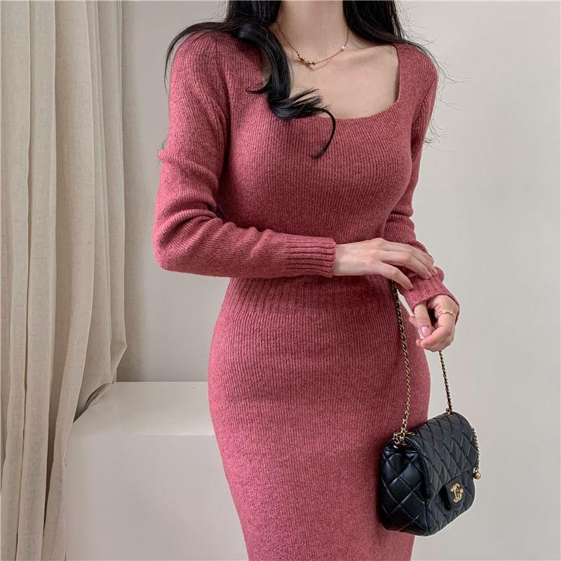 Long-Sleeve Square-Neck Plain Ribbed Midi Knit Dress Product Image