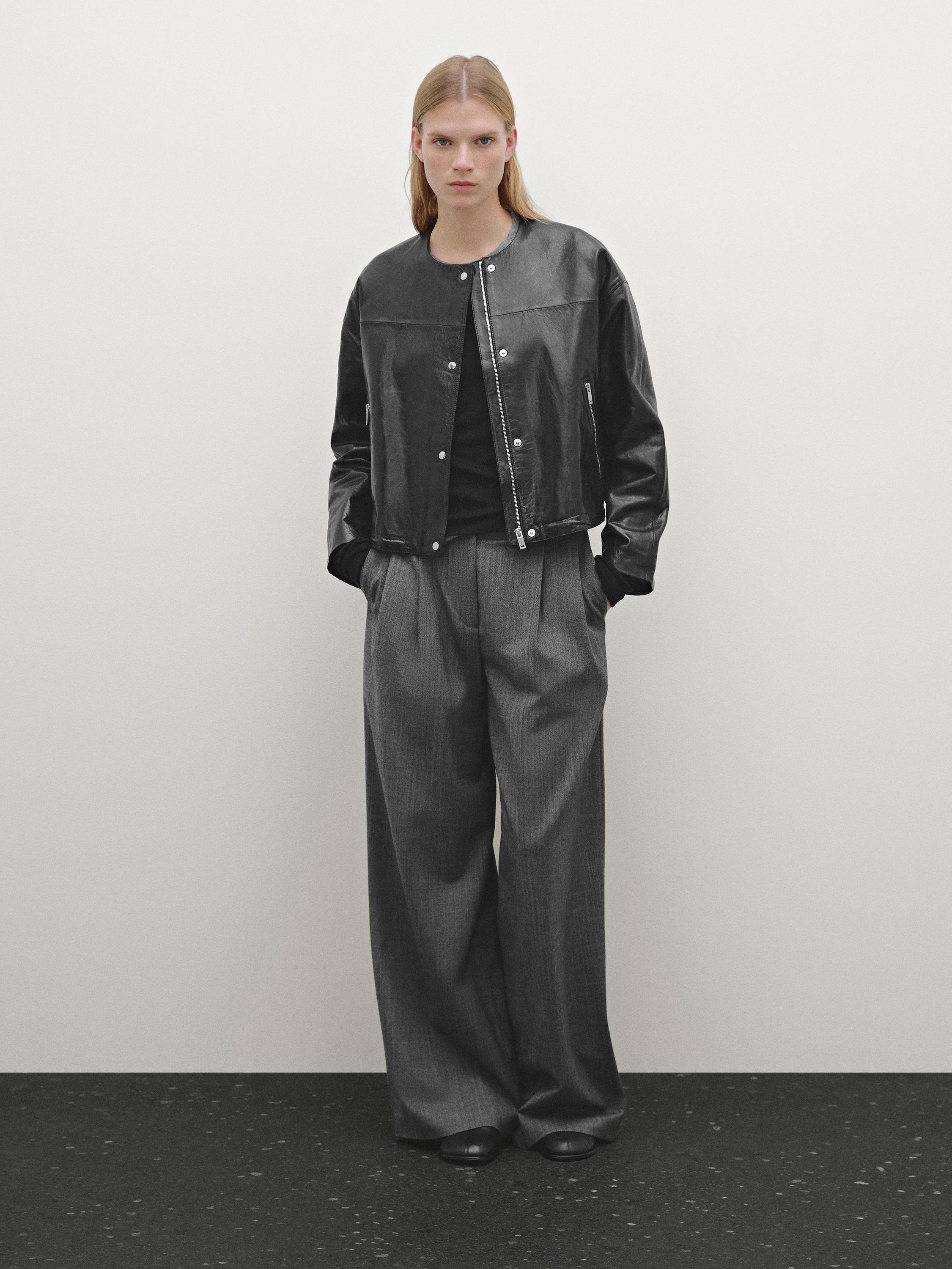 Crew neck nappa leather jacket · Black · Skirts  | Massimo Dutti Product Image